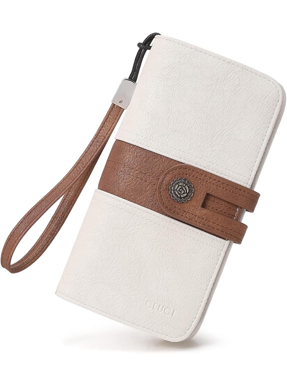 Cream & Brown Leather Wallet Phone Case with Floral Button Strap